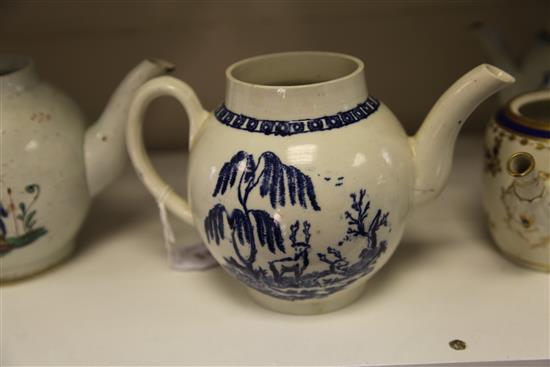 A Liverpool pearlware porcelain teapot, late 18th century, (3) one damaged
